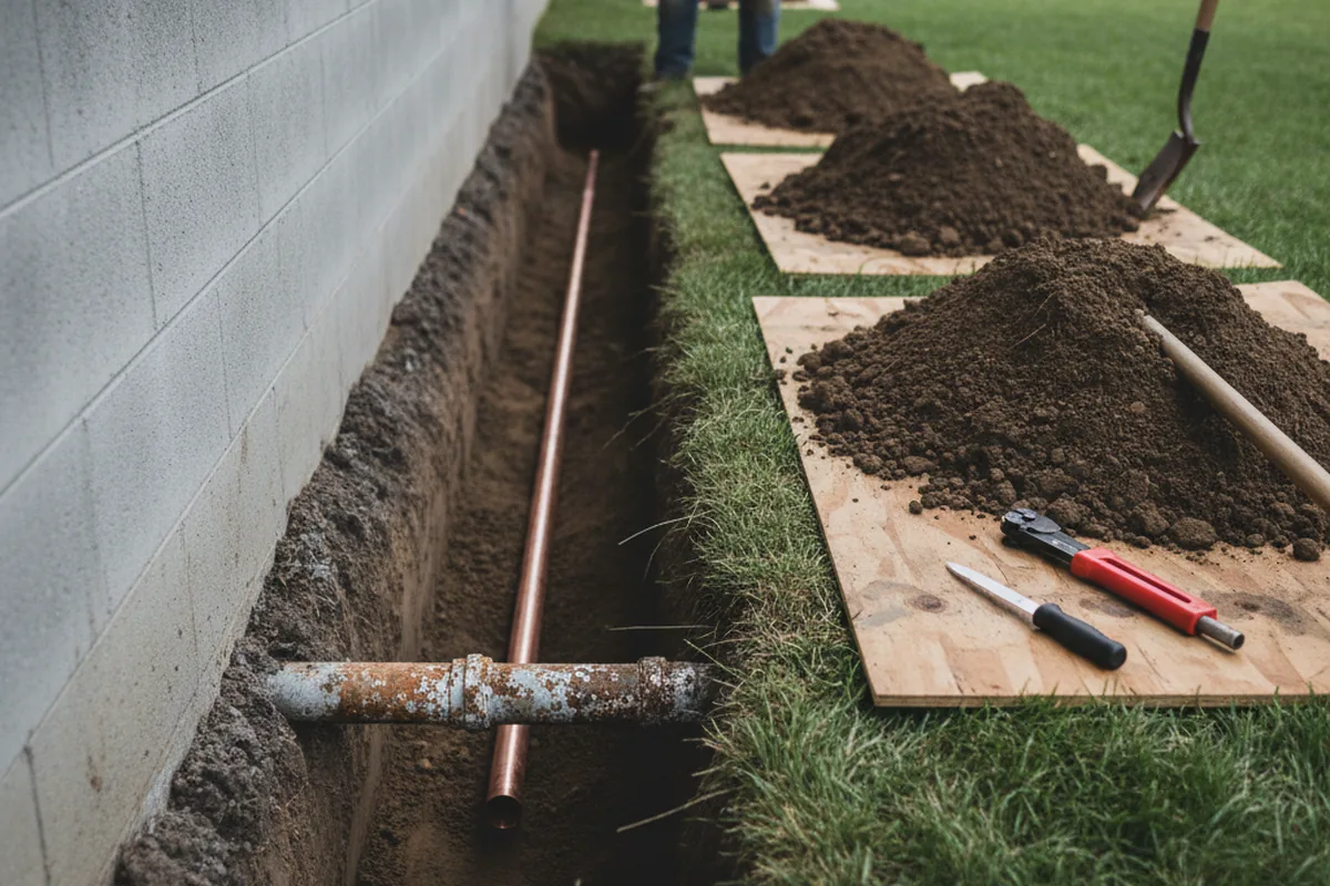 Excavated water line trench during Water Softener Installation in Poplar